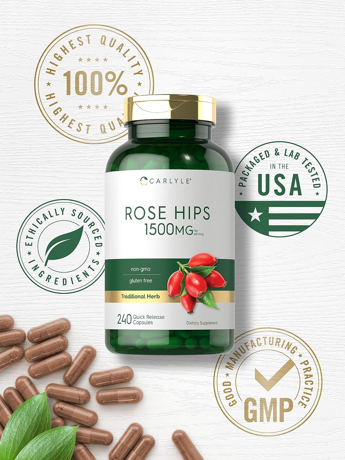 Carlyle Rose Hips | 1500 mg | 240 Quick Release Capsules | Non-GMO & Gluten-free Food Supplement - görsel 5