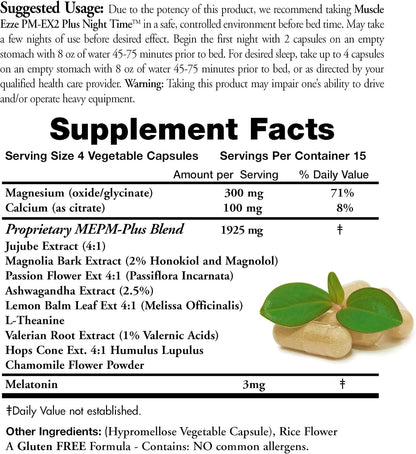 Muscle Ezze PM Plus Night Time Capsules - Night-time Supplement with Magnesium, Calcium & Herbs - 60 Capsules
