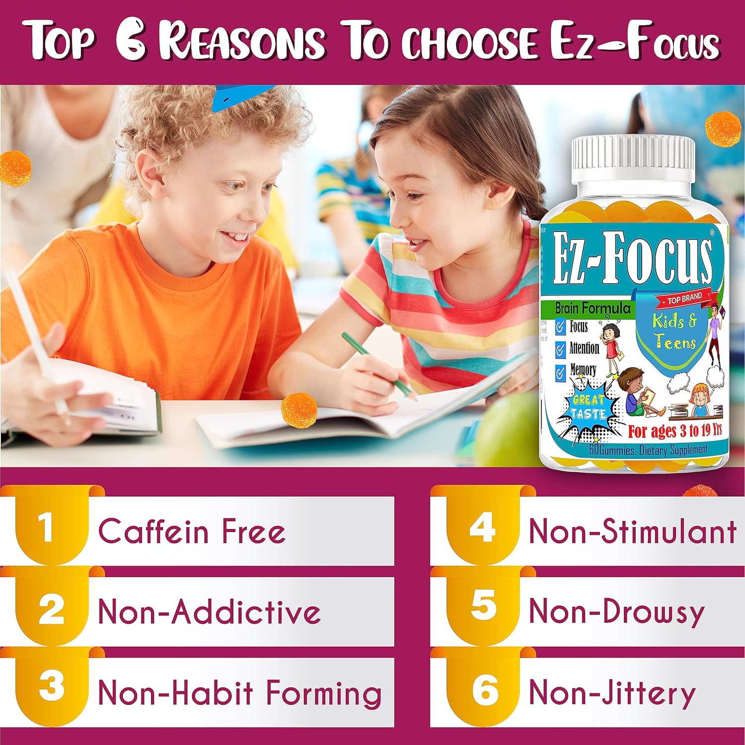Ez-Focus Gummies for Kids, Teens & Youth – Brain Focus & Memory Support with DHA & Omega-3 (60 Count) - görsel 4