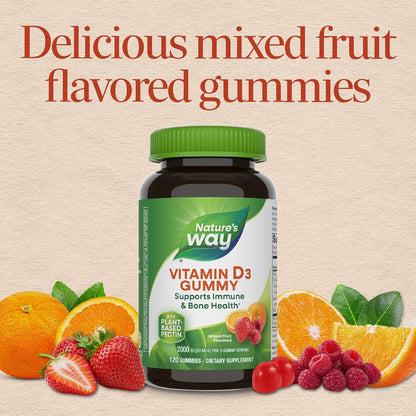 Nature's Way Vitamin D3 Gummies, Supports Normal Immune Function and Maintenance of Normal Bones*, 2000 IU (50 µg) per 2-Gummy Serving, Mixed Fruit Flavour, Gluten-free, Plant-Based Pectin, Vegetarian, 120 Count