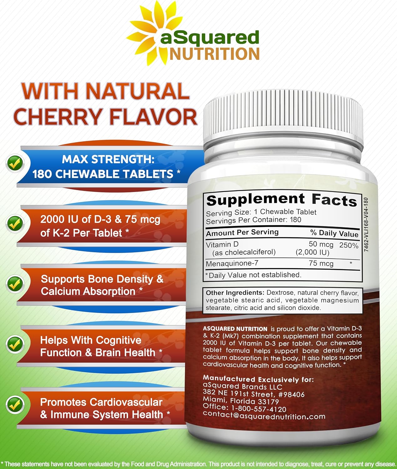 aSquared Nutrition Vitamin D3 with K2 - 180 Chewable Tablets, 2000 IU D3 & 75 mcg K2 MK-7 - görsel 6