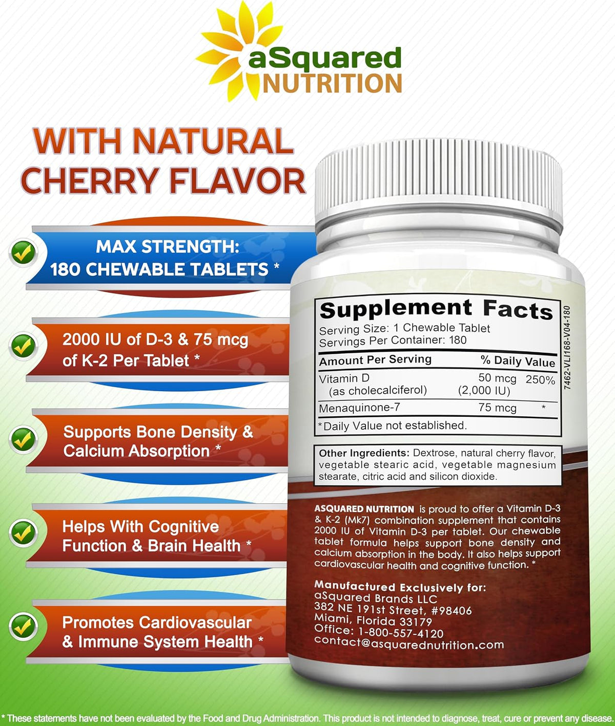 aSquared Nutrition Vitamin D3 with K2 - 180 Chewable Tablets, 2000 IU D3 & 75 mcg K2 MK-7 - görsel 6