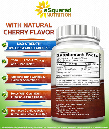 aSquared Nutrition Vitamin D3 with K2 - 180 Chewable Tablets, 2000 IU D3 & 75 mcg K2 MK-7