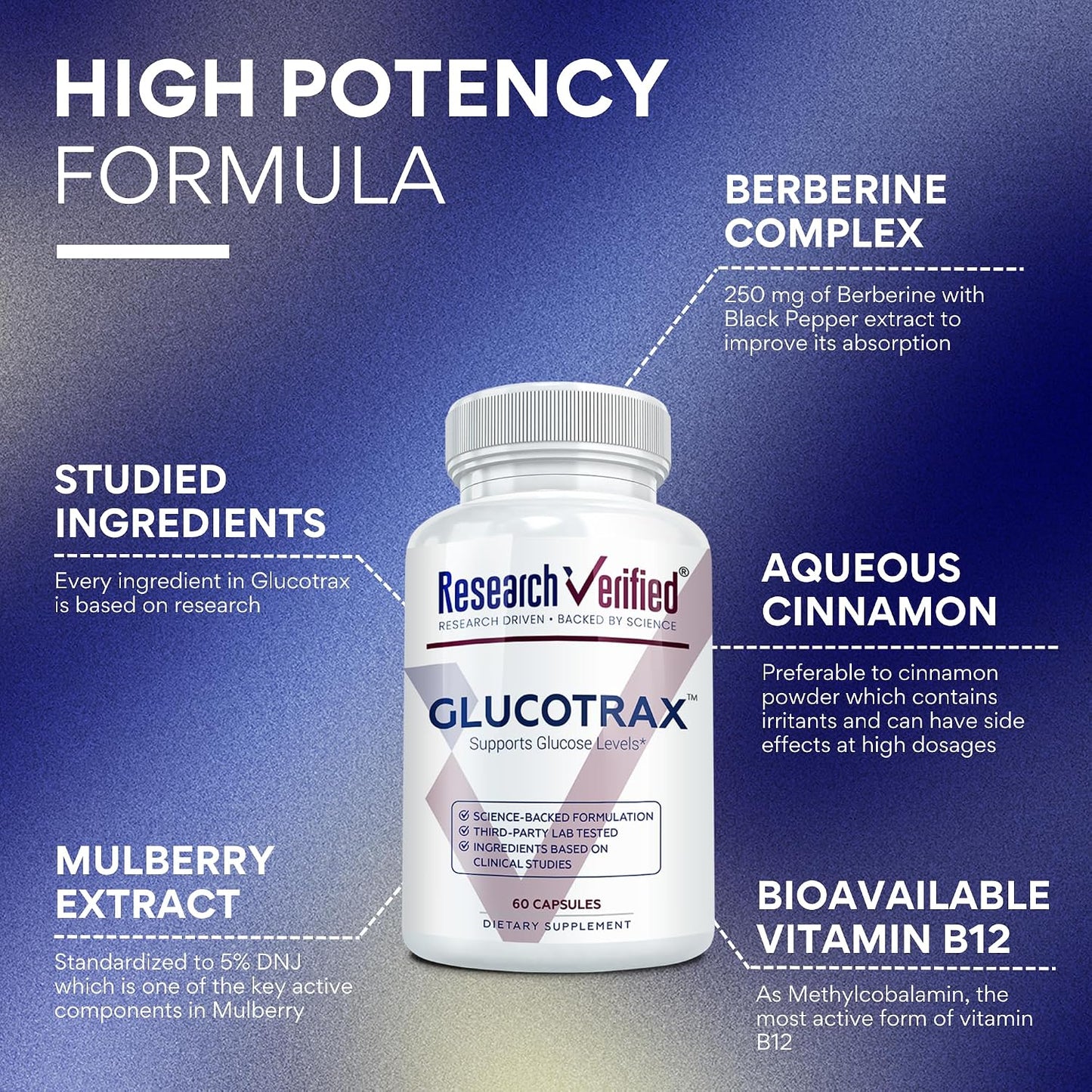 Research Verified Glucotrax - Berberine, Chromium Picolinate, Cinnamon, Gymnema - 360 Capsules (6 Month Supply) - görsel 3