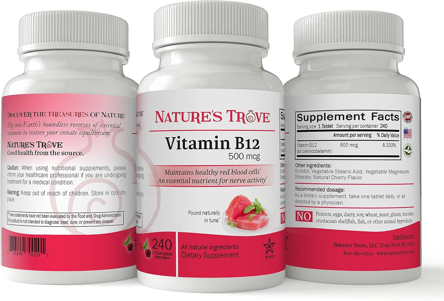 Vitamin B12 500 mcg by Nature's Trove - 240 EZ Chew Tablets Cherry Flavour - görsel 3