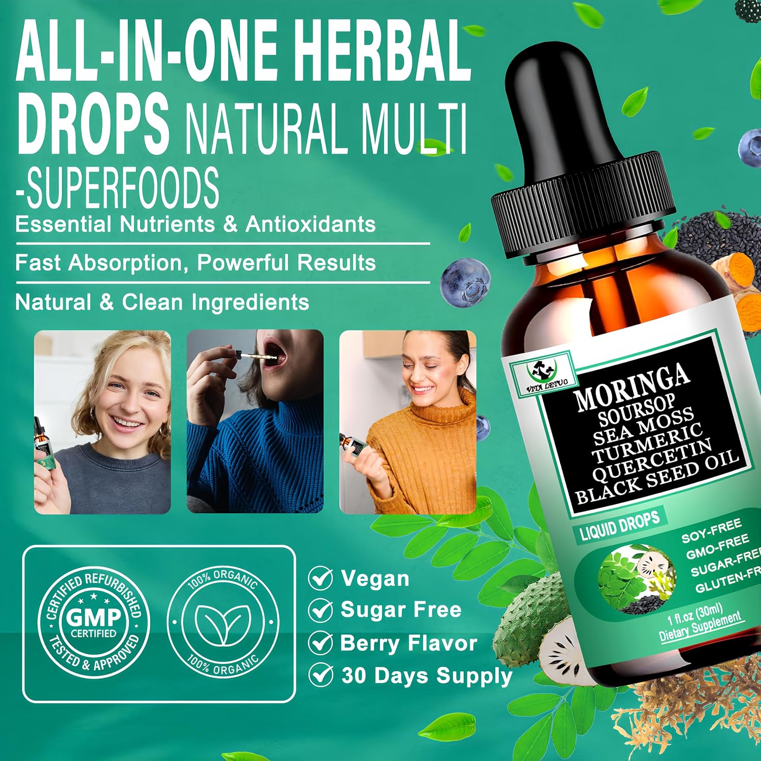 Moringa Drops: Pure Moringa Oleifera Liquid Extract with Soursop, Sea Moss, Black Seed Oil, Quercetin & Turmeric - Superfood Blend for Energy and Immune Support (30 Servings) - görsel 3