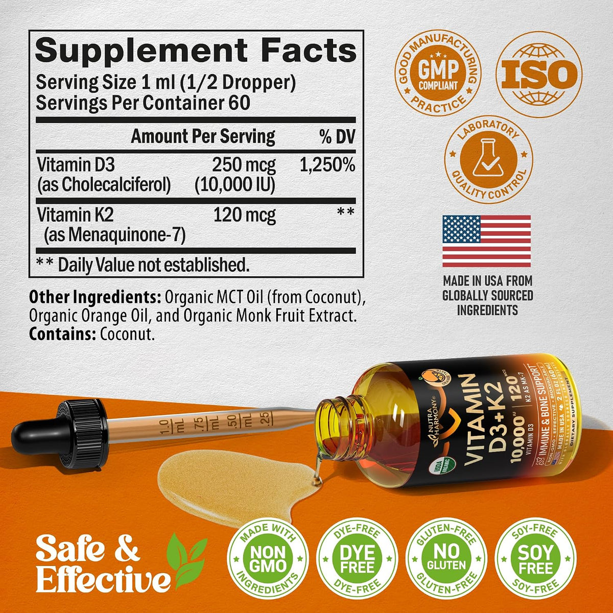 NUTRAHARMONY Vitamin D3 K2 USDA Organic Drops - 10,000 IU D3 & 120 µg MK-7 - Immune & Bone Support - Sugar-Free Orange Flavour - 60 ml - görsel 8