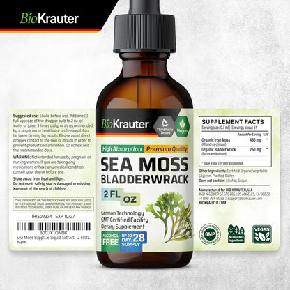 BIO KRAUTER 2-in-1 Sea Moss & Bladderwrack Drops – Vegan Liquid Supplement, 60 ml