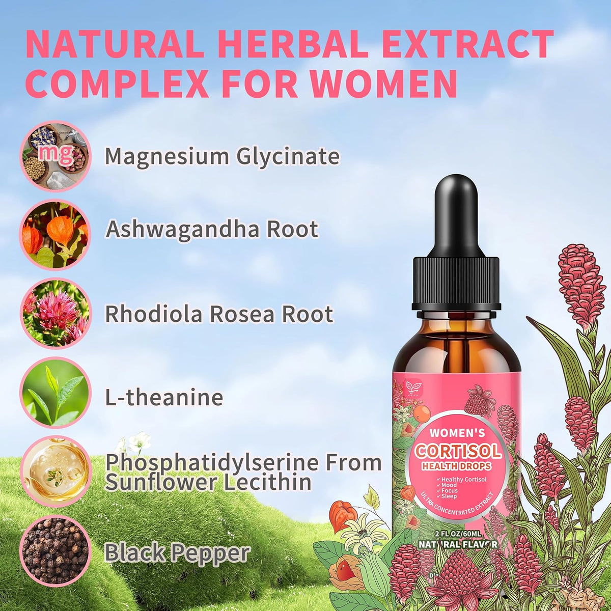 Hudetex Cortisol Supplements for Women Liquid Drops, Cortisol Manager with Ashwagandha, L-theanine, Phosphatidylserine, Rhodiola Rosea for Mood Support, Adrenal Balance, Sleep, Vegan, Natural Flavour, 60 ml - görsel 5