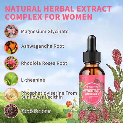 Hudetex Cortisol Supplements for Women Liquid Drops, Cortisol Manager with Ashwagandha, L-theanine, Phosphatidylserine, Rhodiola Rosea for Mood Support, Adrenal Balance, Sleep, Vegan, Natural Flavour, 60 ml
