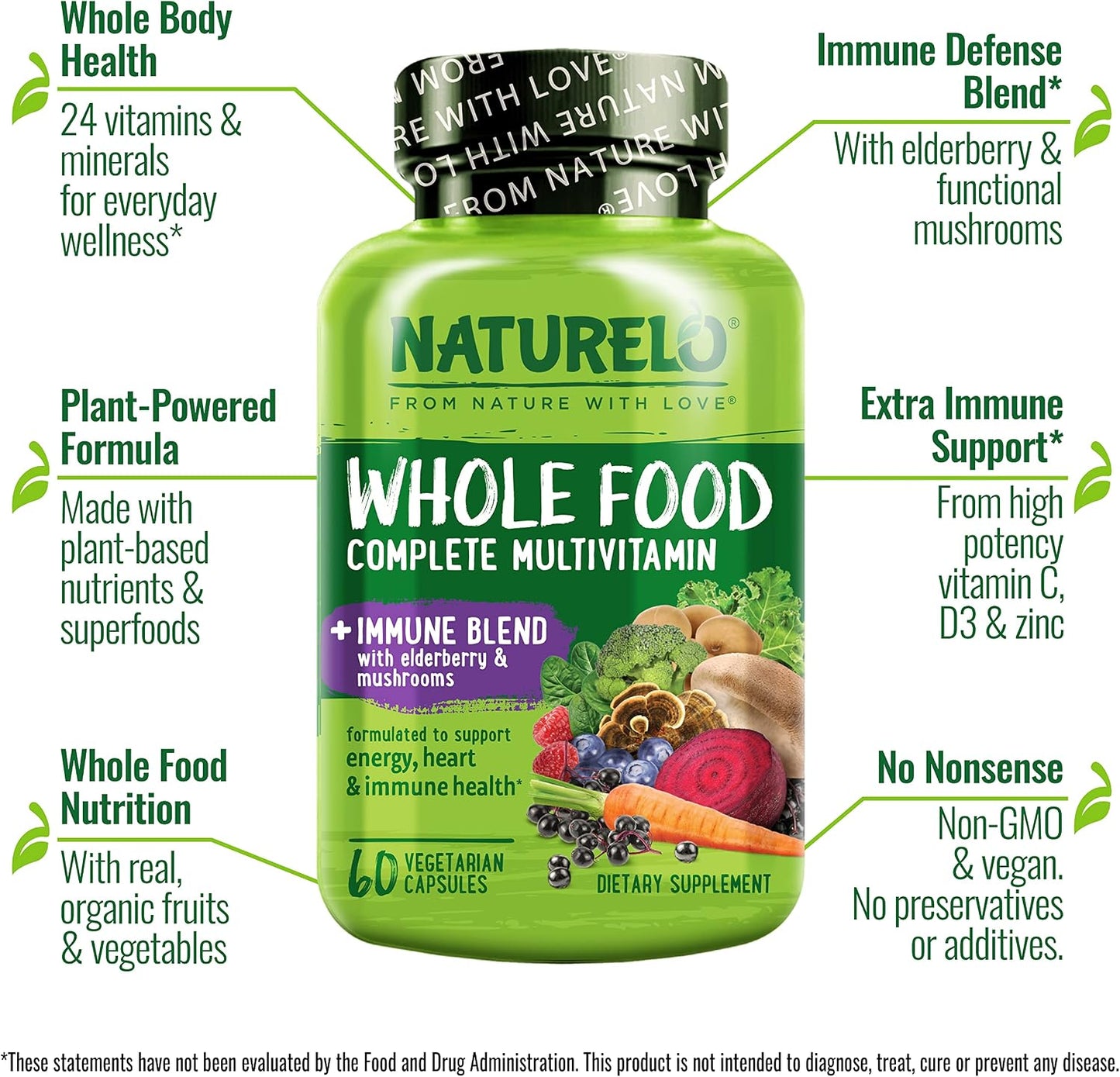 NATURELO Whole Food Multivitamin + Immune Blend with Elderberry & Mushrooms - Complete Multivitamin with Extra Immune Support - 60 Vegan Capsules - görsel 2