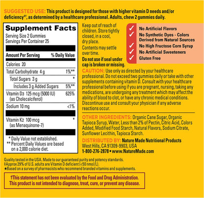 Nature Made Vitamin D3 K2 Gummies - 5000 IU D3 + 100 mcg K2 - Bone, Teeth, Muscle & Immune Support - 50 Gummies