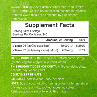DEAL SUPPLEMENT Vitamin D3 50,000 IU + K2 MK7 200mcg Soft gel capsule Capsules, 240 Count