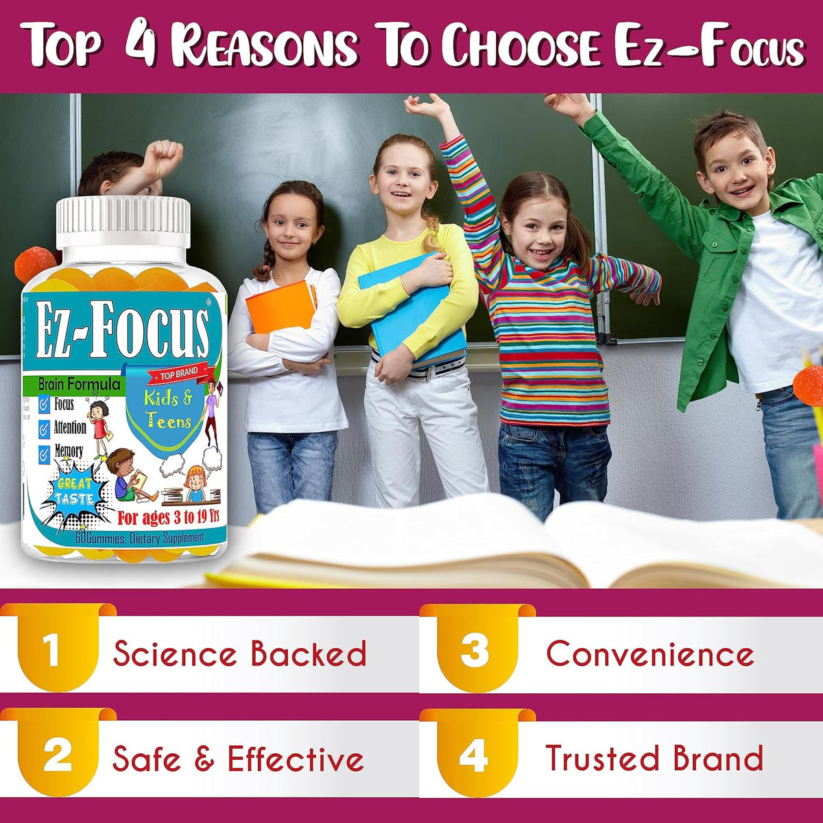 Ez-Focus Gummies for Kids, Teens & Youth – Brain Focus & Memory Support with DHA & Omega-3 (60 Count) - görsel 5