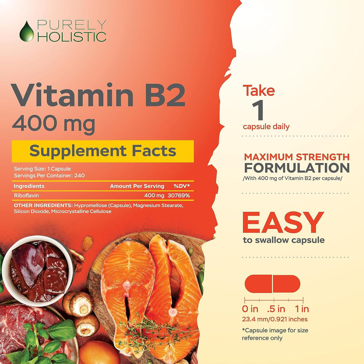 Purely Holistic Vitamin B2 Riboflavin 400mg - 240 Vegan Capsules (8 Month Supply) - görsel 3