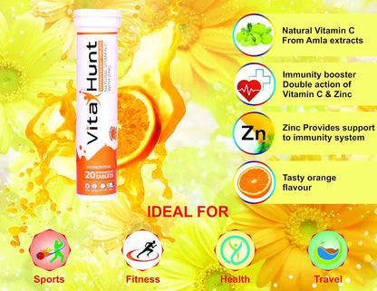 VitaHunt Vitamin C 1000 mg with Zinc – Immune Support – 20 Effervescent Tablets – Orange Flavour