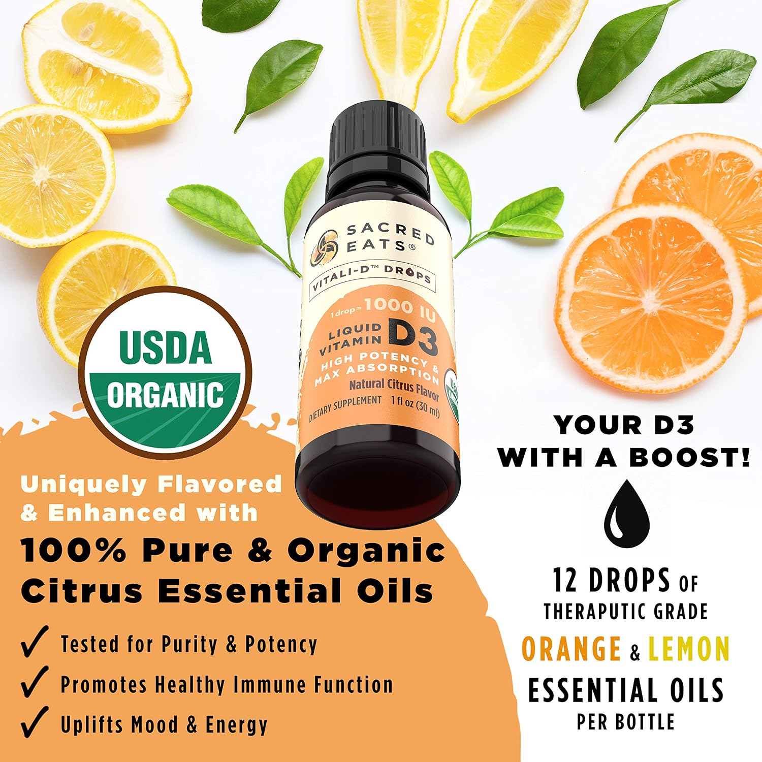 Organic Liquid Vitamin D Drops for Children and Adults, Sugar Free, 1000 IU/Drop in Coconut MCT Oil, Great Taste (Citrus) - görsel 5