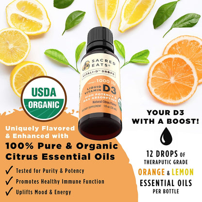 Organic Liquid Vitamin D Drops for Children and Adults, Sugar Free, 1000 IU/Drop in Coconut MCT Oil, Great Taste (Citrus)