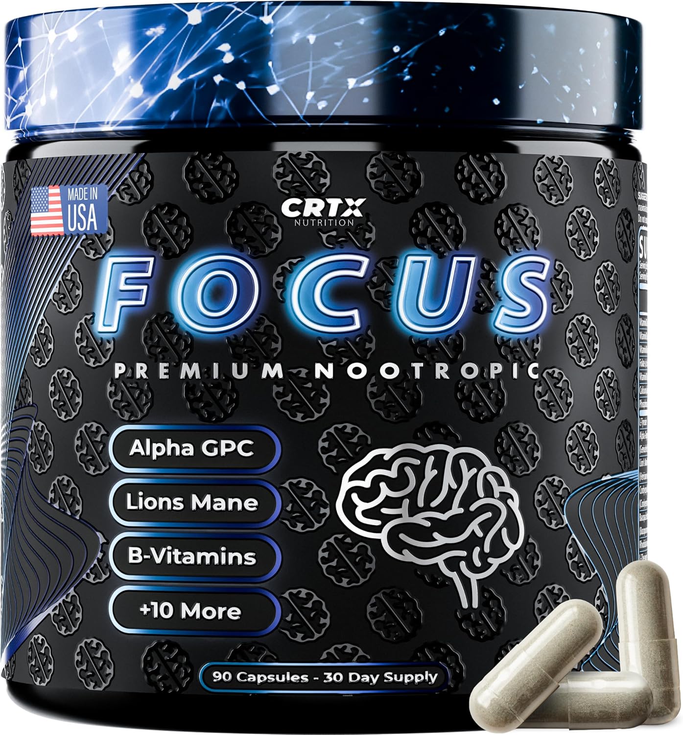 CRTX Nutrition Focus – Nootropic Brain Supplement with Alpha-GPC, Lion's Mane, Rhodiola 10:1 – 90 Capsules - görsel 1