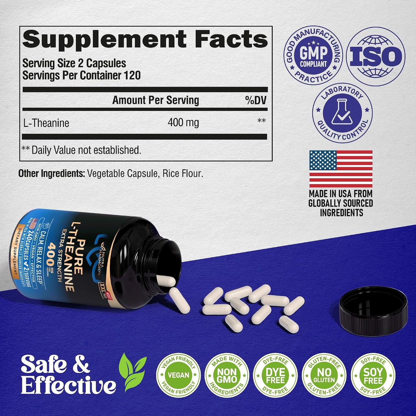 NUTRAHARMONY L-Theanine 400 mg – Calm & Relaxation Support Supplement (240 Vegan Capsules) - görsel 7