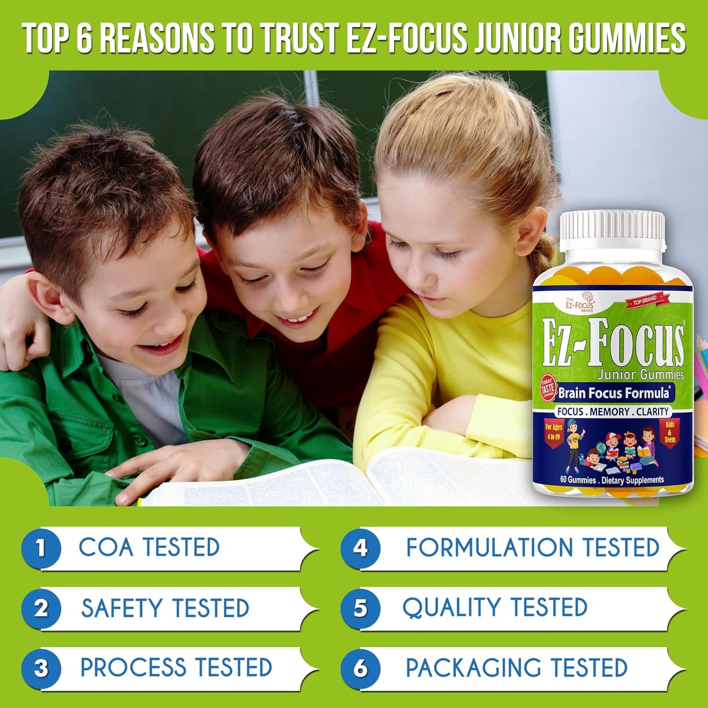 Ez-Focus Junior Brain Vitamins & Memory Supplements for Kids & Teens - Focus Gummies with DHA - 60 Chewable Gummies - görsel 8