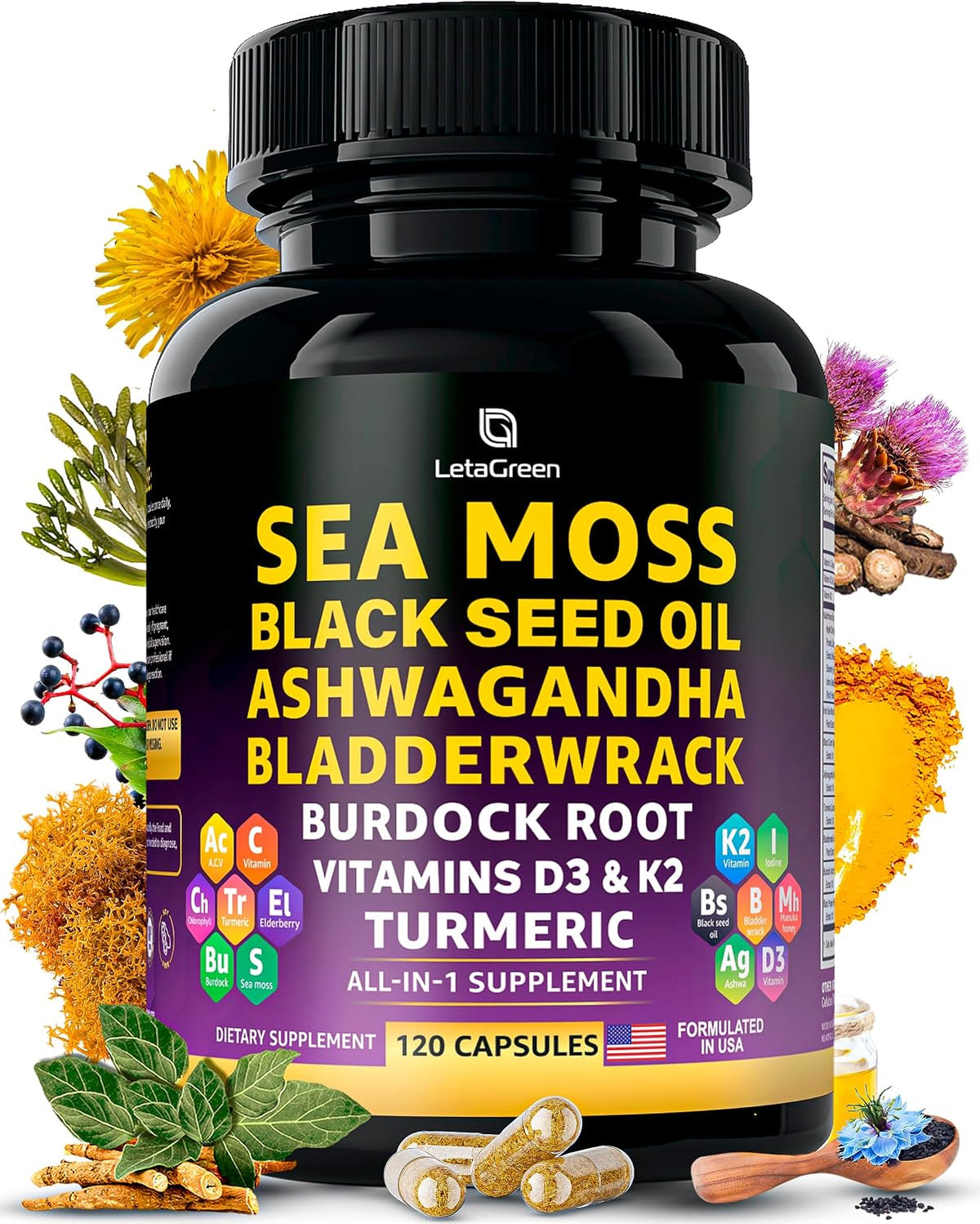 Sea Moss Capsules – 17-in-1 Blend with Black Seed Oil, Ashwagandha, Bladderwrack, Burdock Root, Turmeric, Vitamin D3 K2 C for Daily Health – Multimineral Supplement for Men & Women – 120 Capsules - görsel 1
