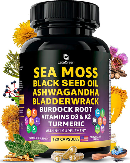 Sea Moss Capsules – 17-in-1 Blend with Black Seed Oil, Ashwagandha, Bladderwrack, Burdock Root, Turmeric, Vitamin D3 K2 C for Daily Health – Multimineral Supplement for Men & Women – 120 Capsules
