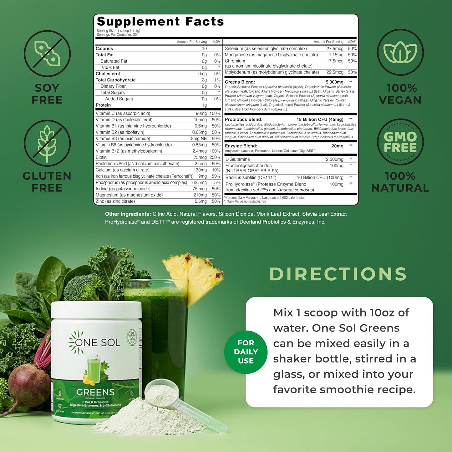 One Sol Greens Super Greens Powder – Pre & Probiotic with Digestive Enzymes, Vegan & Soya-free - görsel 3