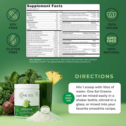 One Sol Greens Super Greens Powder – Pre & Probiotic with Digestive Enzymes, Vegan & Soya-free