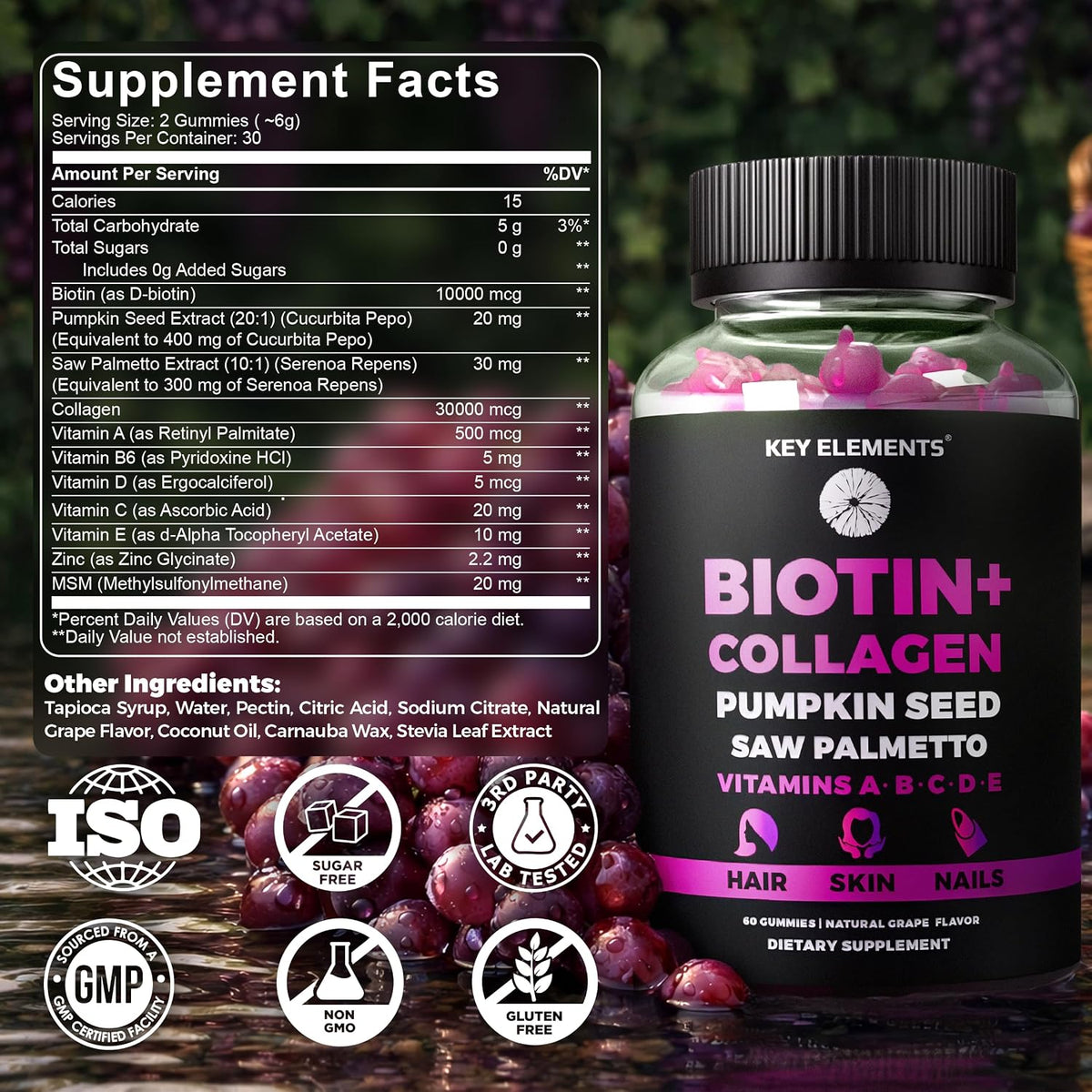 KEY ELEMENTS Biotin & Collagen Gummies – 10000mcg for Hair, Skin & Nails - görsel 6