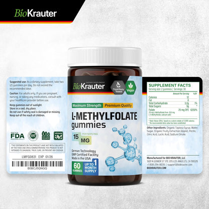 BIO KRAUTER® L-Methylfolate Gummies for Folic Support – Active Folate (Vitamin B9) for Brain & Mood – 15mg, 60 Vegan Gummies, 30-Day Supply
