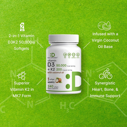 DEAL SUPPLEMENT Vitamin D3 50,000 IU + K2 MK7 200mcg Soft gel capsule Capsules, 240 Count