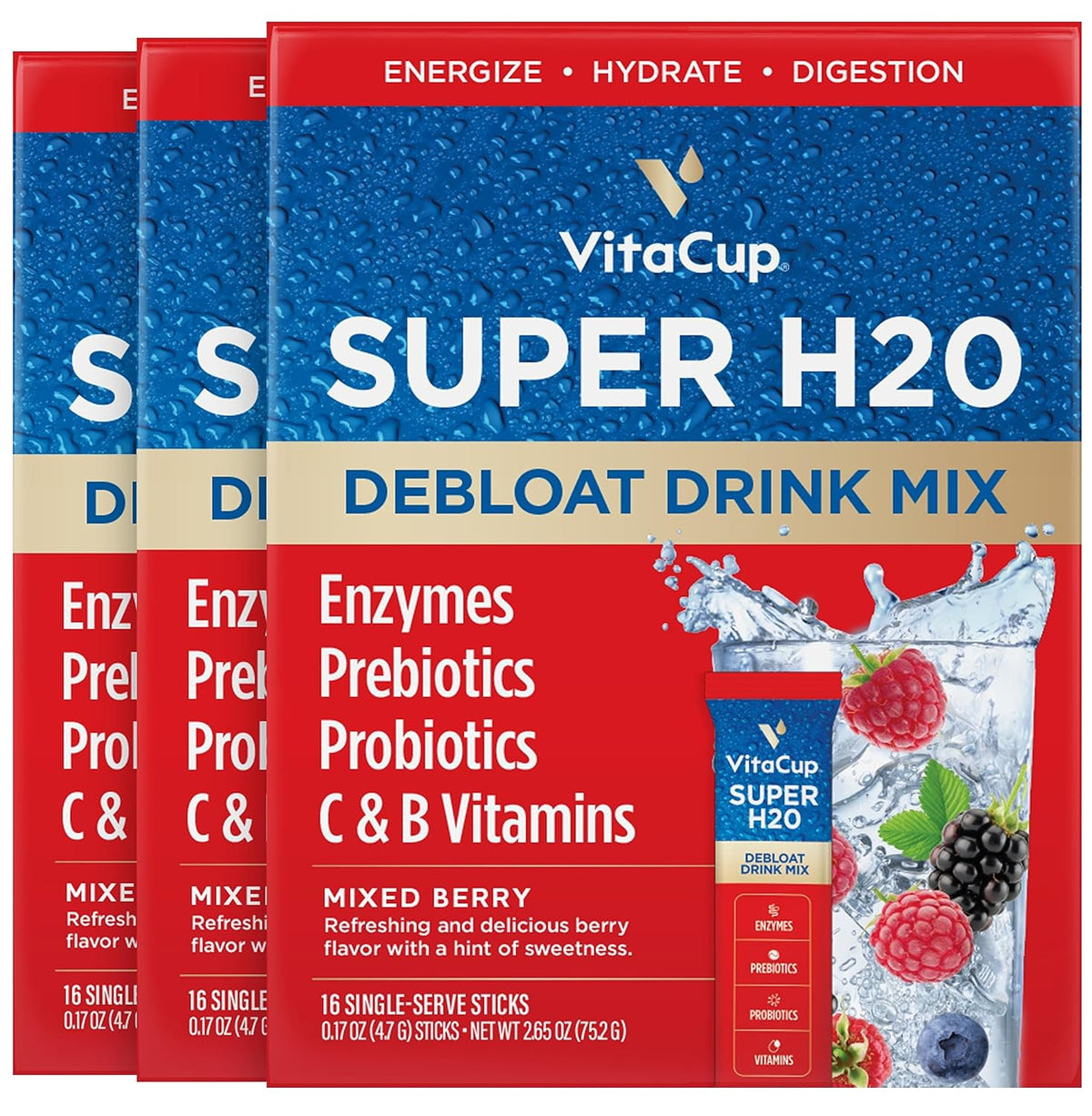 VitaCup Super H2O Bloating Relief and Digestive Health Drink Mix, Mixed Berry, 32 Packets – Image 8