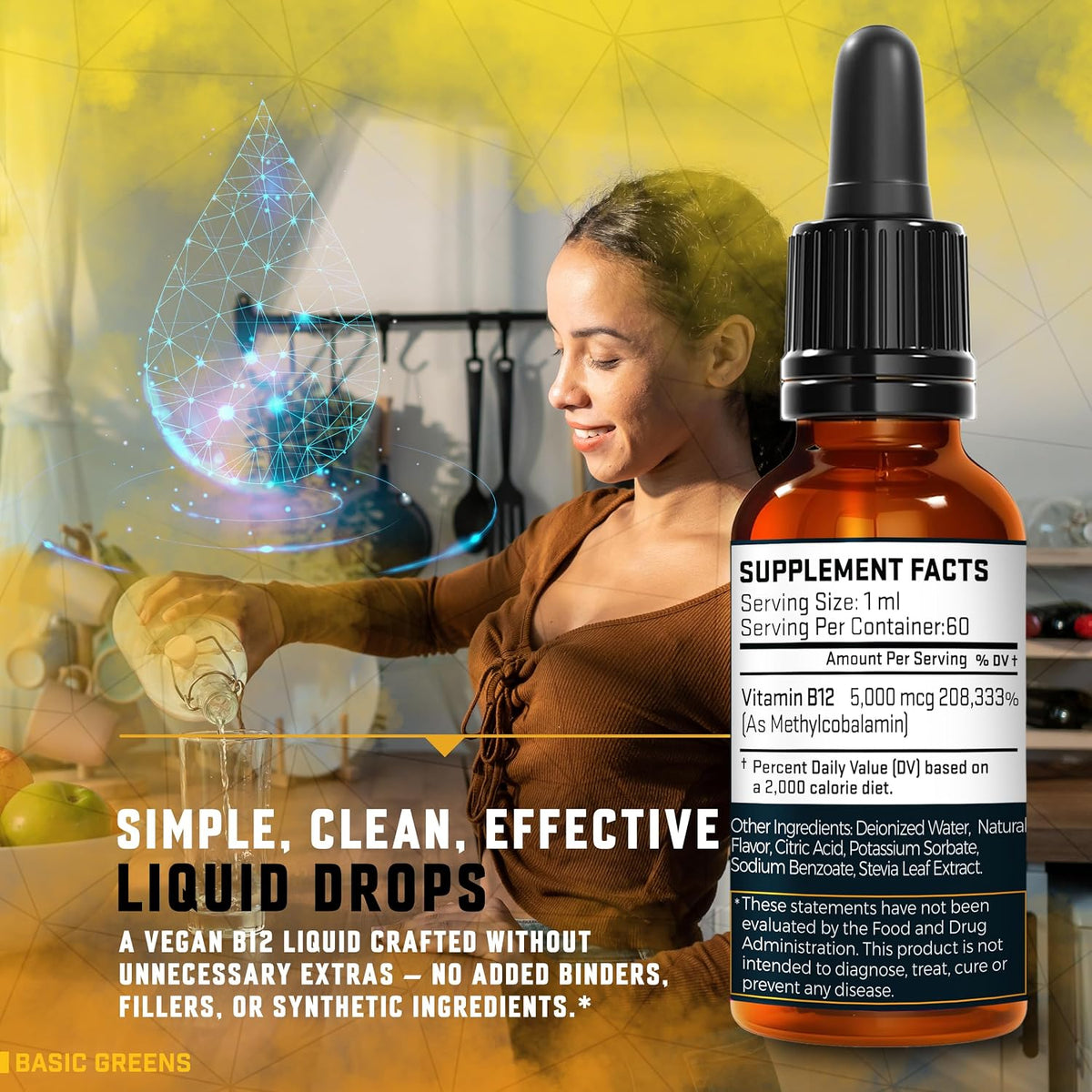 BASIC GREENS Vitamin B12 Liquid Drops 5000 mcg, Sublingual Methylcobalamin, Vegan Cherry Flavour, 59 ml - görsel 5