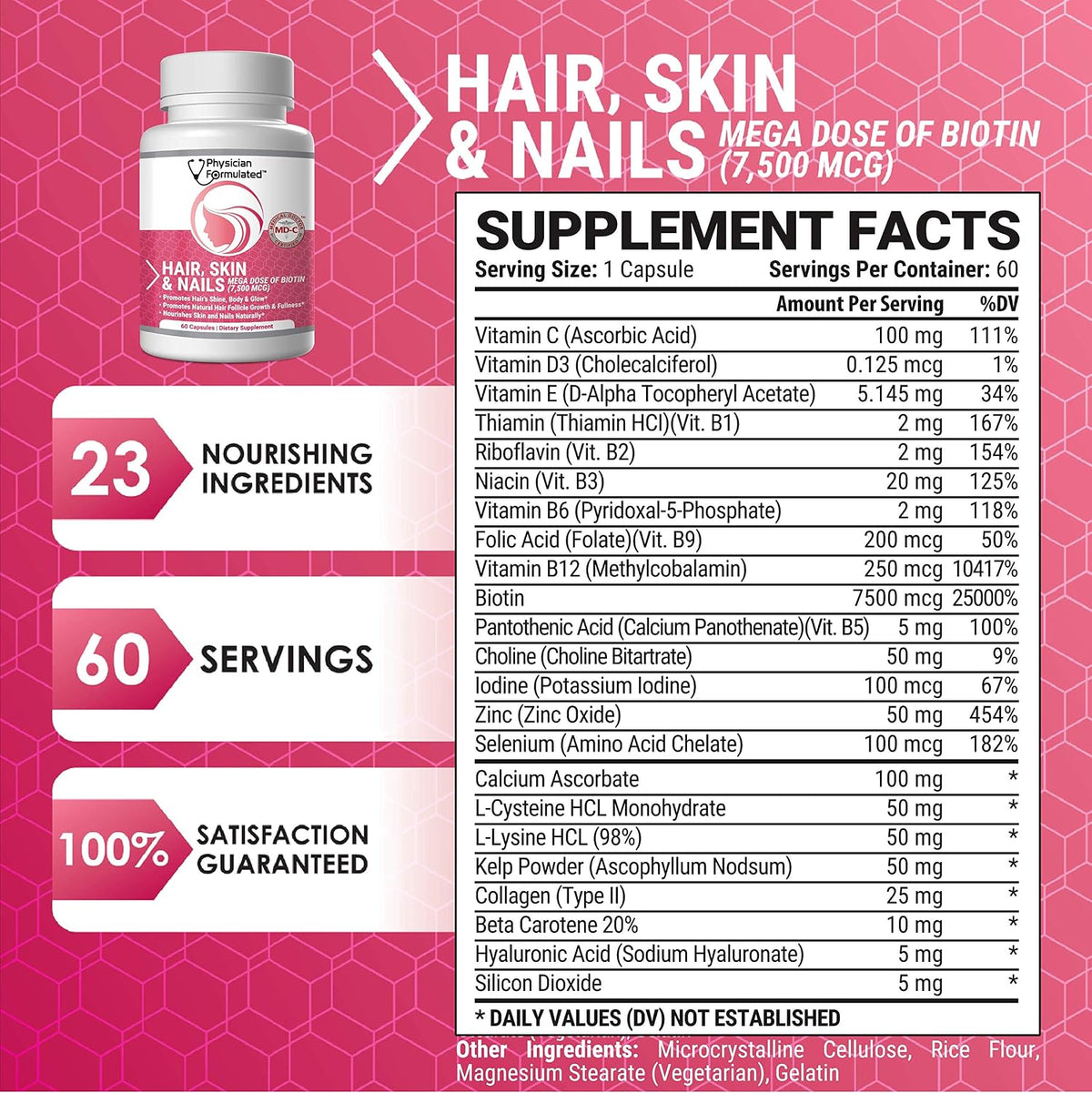 Physician Formulated Hair, Skin and Nails Vitamins - 7500 mcg Biotin with Collagen & Hyaluronic Acid - 60 Capsules – Image 4