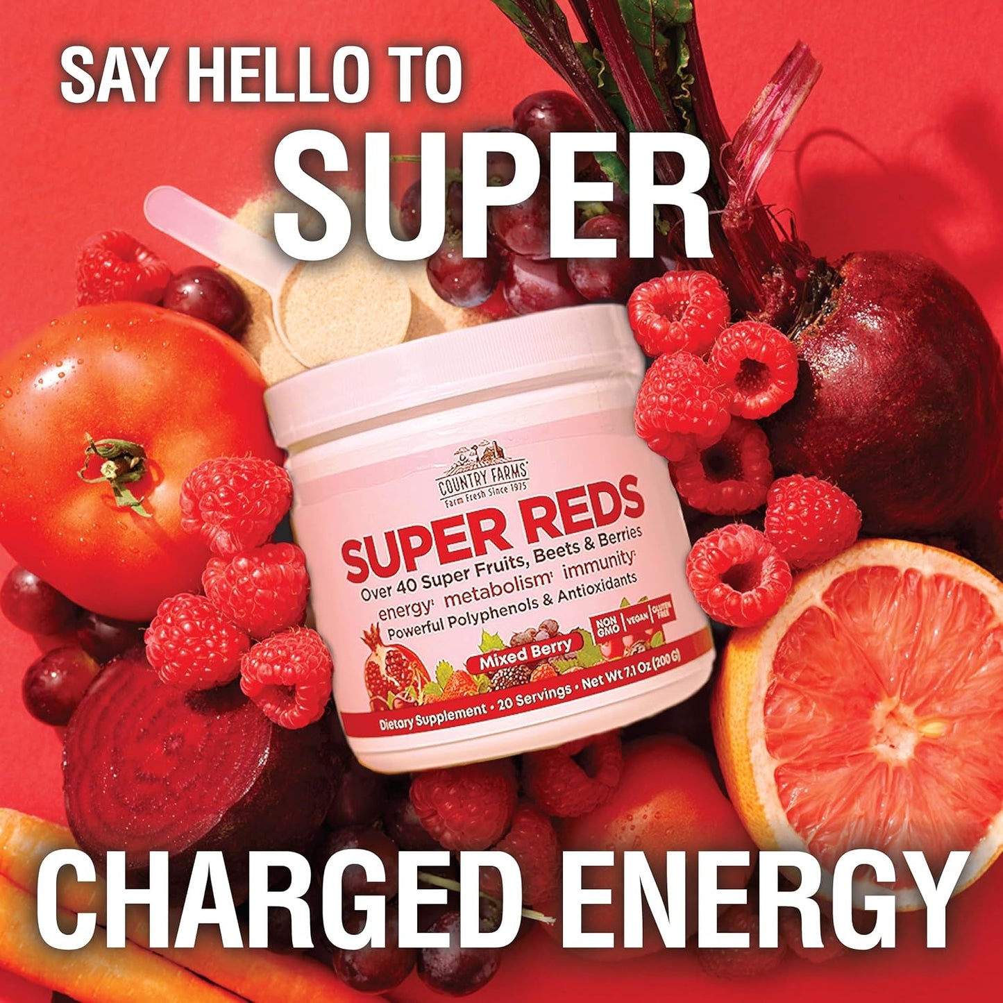 COUNTRY FARMS Super Reds, Energising Polyphenol Superfood, 48 Super Fruits and Berries, Powerful Antioxidants and Polyphenols, Supports Energy, 20 Servings, Mixed Berry Flavour - görsel 6