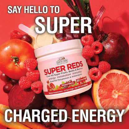 COUNTRY FARMS Super Reds, Energising Polyphenol Superfood, 48 Super Fruits and Berries, Powerful Antioxidants and Polyphenols, Supports Energy, 20 Servings, Mixed Berry Flavour