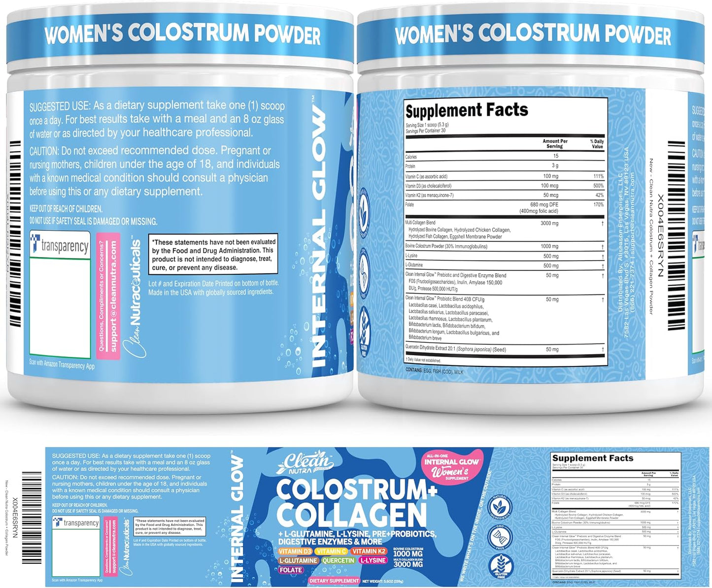 Bovine Colostrum Powder + Collagen Peptides with L-Glutamine, L-Lysine, Prebiotics, Probiotics, Digestive Enzymes, Vitamin D K2 C, Quercetin & Folate – Gut Health Supplement, Internal Glow by Clean Nutra - görsel 5