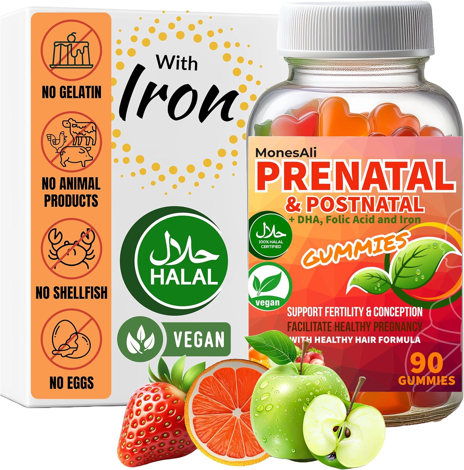 MonesAli Prenatal Gummies for Women - Vegan Halal Prenatal & Postnatal Multivitamin with Folate, DHA, Iron & Biotin - Supports Healthy Pregnancy, Postnatal Energy & Hair Health, 90 Count - görsel 1