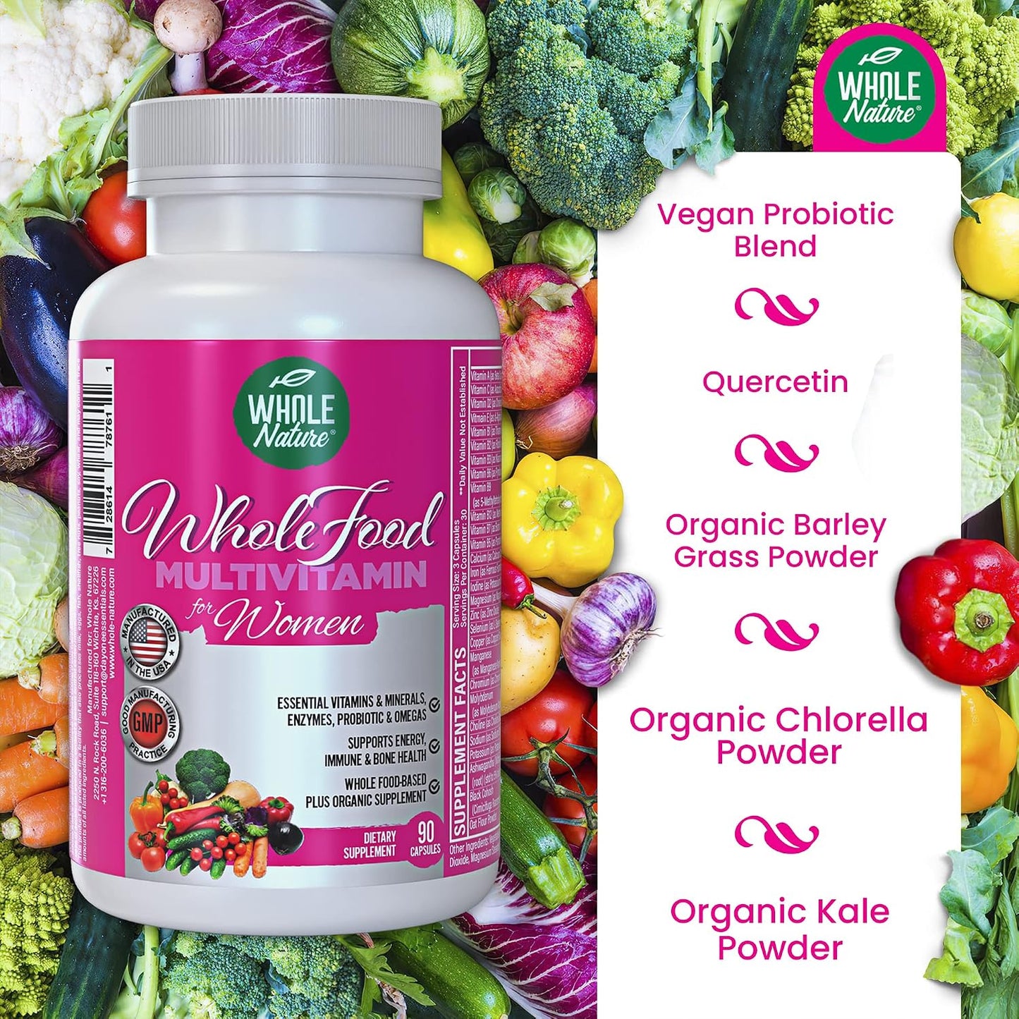Whole Nature Whole Food Multivitamin for Women - Vegan, Non-GM, with Folate, B12, Probiotics & Omegas (90 Capsules) - görsel 3