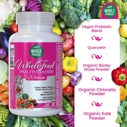 Whole Nature Whole Food Multivitamin for Women - Vegan, Non-GM, with Folate, B12, Probiotics & Omegas (90 Capsules)