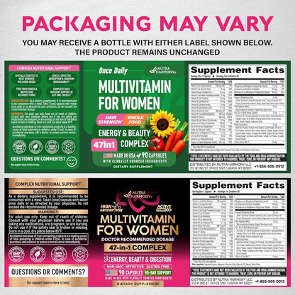 NUTRAHARMONY Women's Multivitamin 47-in-1 with B Complex, Wholefoods and Beauty Complex – 90 Capsules