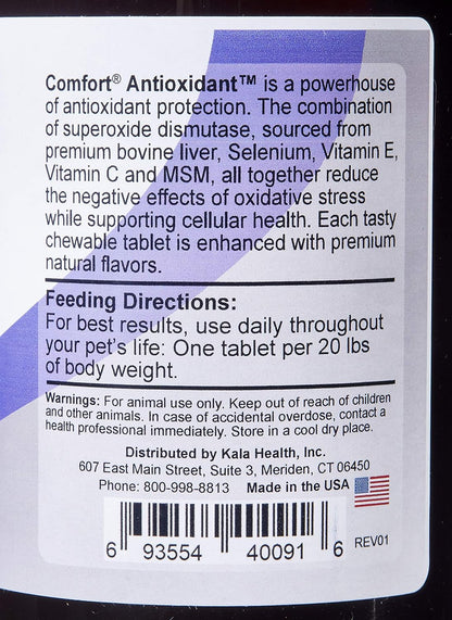 Kala Health COMFORT Antioxidant Supplement for Dogs, 100 Count, Immune Support and Helps Reduce Skin Allergies, Contains: MSM, Superoxide Dismutase, Selenium and Vitamin C & E, Made in The USA