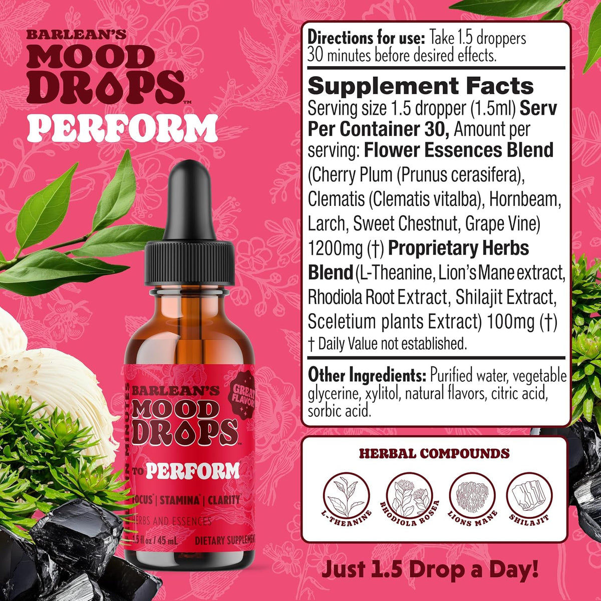 Barlean's Perform Mood Drops – L-Theanine & Shilajit Liquid Supplement, 44 ml - görsel 2