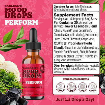 Barlean's Perform Mood Drops – L-Theanine & Shilajit Liquid Supplement, 44 ml