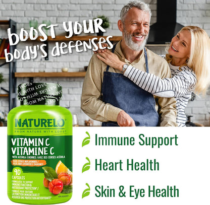 NATURELO Vitamin C with Organic Acerola Cherry and Citrus Bioflavonoids – Vegan Immune Support – 500 mg per Capsule – 90 Capsules
