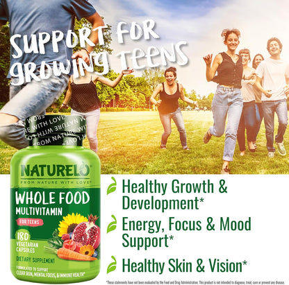 NATURELO Multivitamins for Teens – Whole Food Multivitamin with Minerals, 180 Capsules