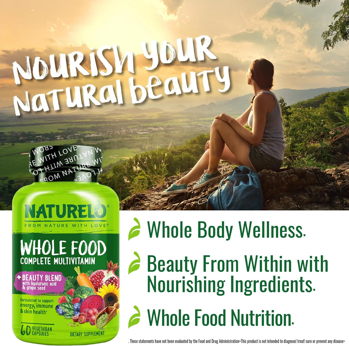 NATURELO Whole Food Multivitamin with Extra Hair, Skin and Nails Support - Beauty Blend with Hyaluronic Acid & Grape Seed - – Image 5