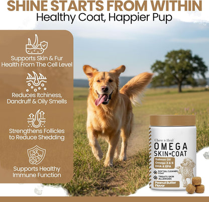 Omega-3 Fish Oil for Dogs, 180 Soft Chews - Salmon Oil Skin & Coat Supplement, Dog Allergy & Itch Relief, Hot Spots, Anti-Shedding - EPA & DHA Fatty Acids - Peanut Butter Flavour - Made in the USA - Chew + Heal