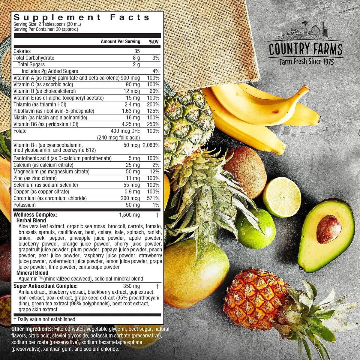 Country Farms Liquid Multivitamin – Vitamins & Minerals for Immune Support and Energy, Herbal Blend, Vegan, Gluten-free, Tropical Fruit Flavour, 946 ml - görsel 2